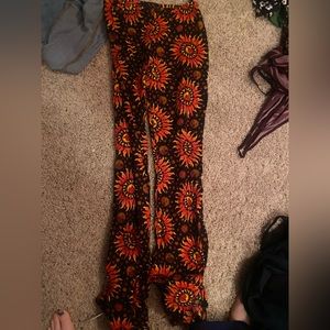 Bohemian Black and Orange sun flower flare pants